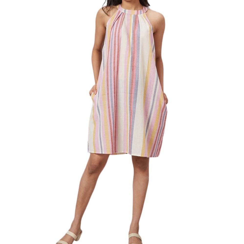 C&C California 100% Linen Striped High Neck Dress Size Small